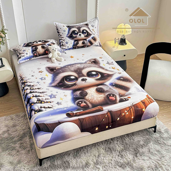 cearceaf cu elastic protectie finet digital print 3D 160x200 cm gri raton iarna