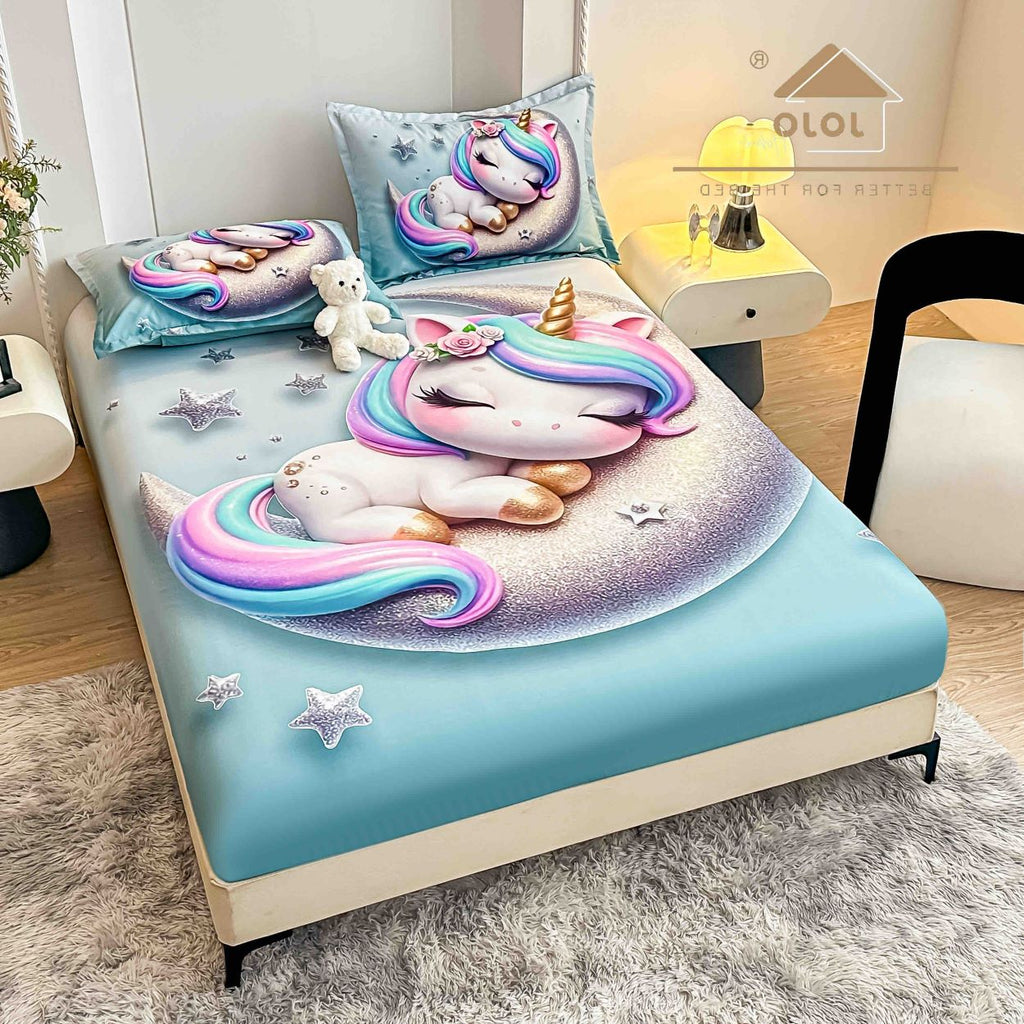 cearceaf cu elastic protectie finet digital print 3D 160x200 cm turcoaz roz unicorni luna