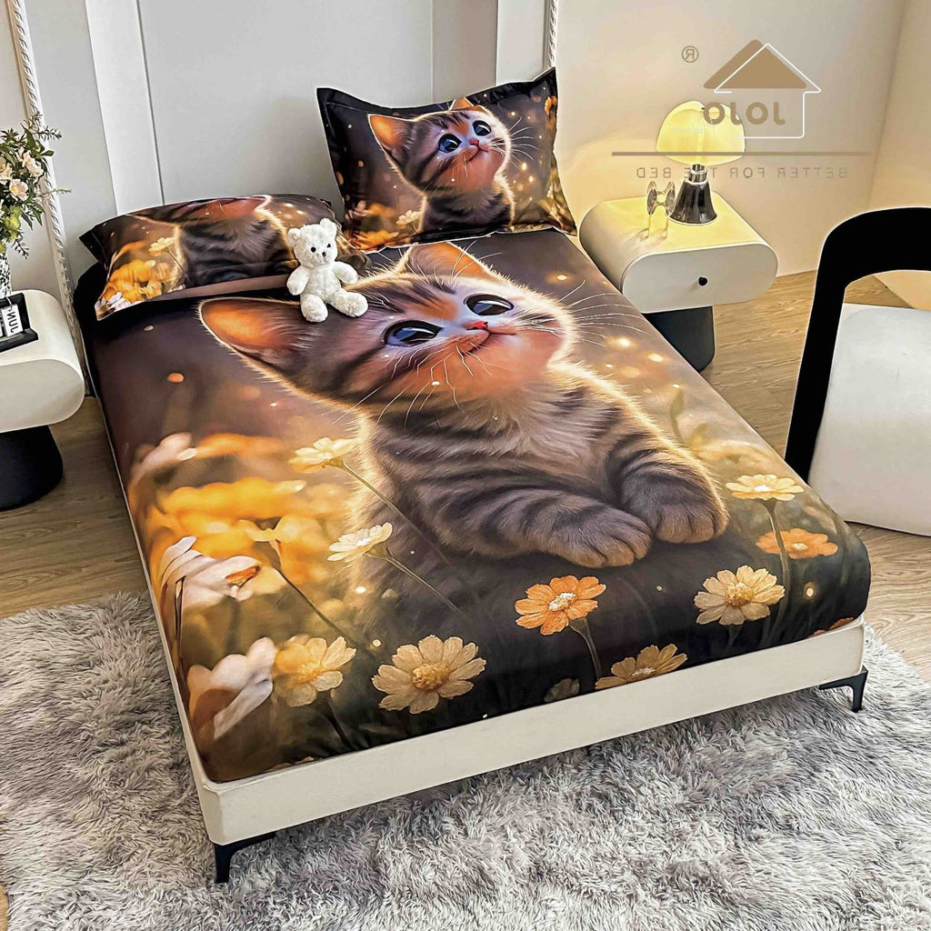 cearceaf cu elastic protectie finet digital print 3D 160x200 cm maro pisica flori 