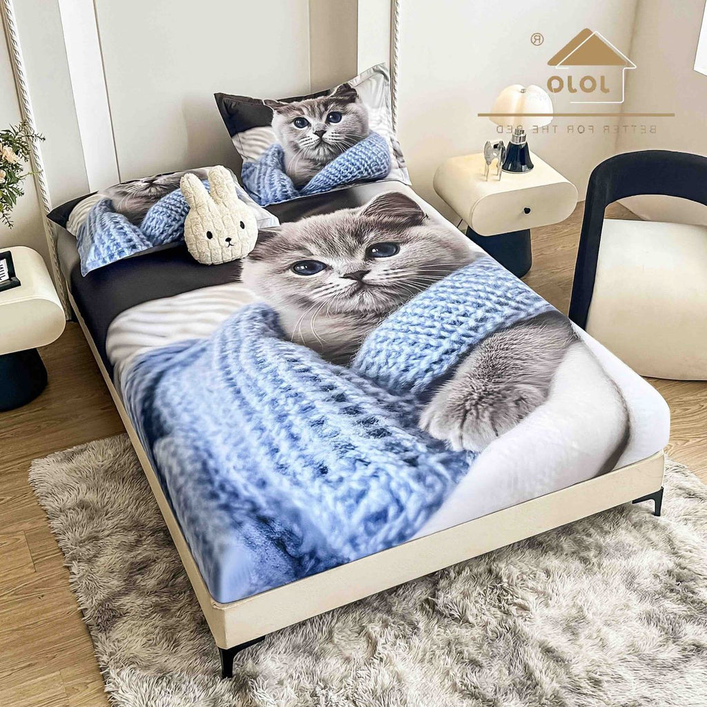 cearceaf cu elastic protectie finet digital print 3D 160x200 cm albastru pisica