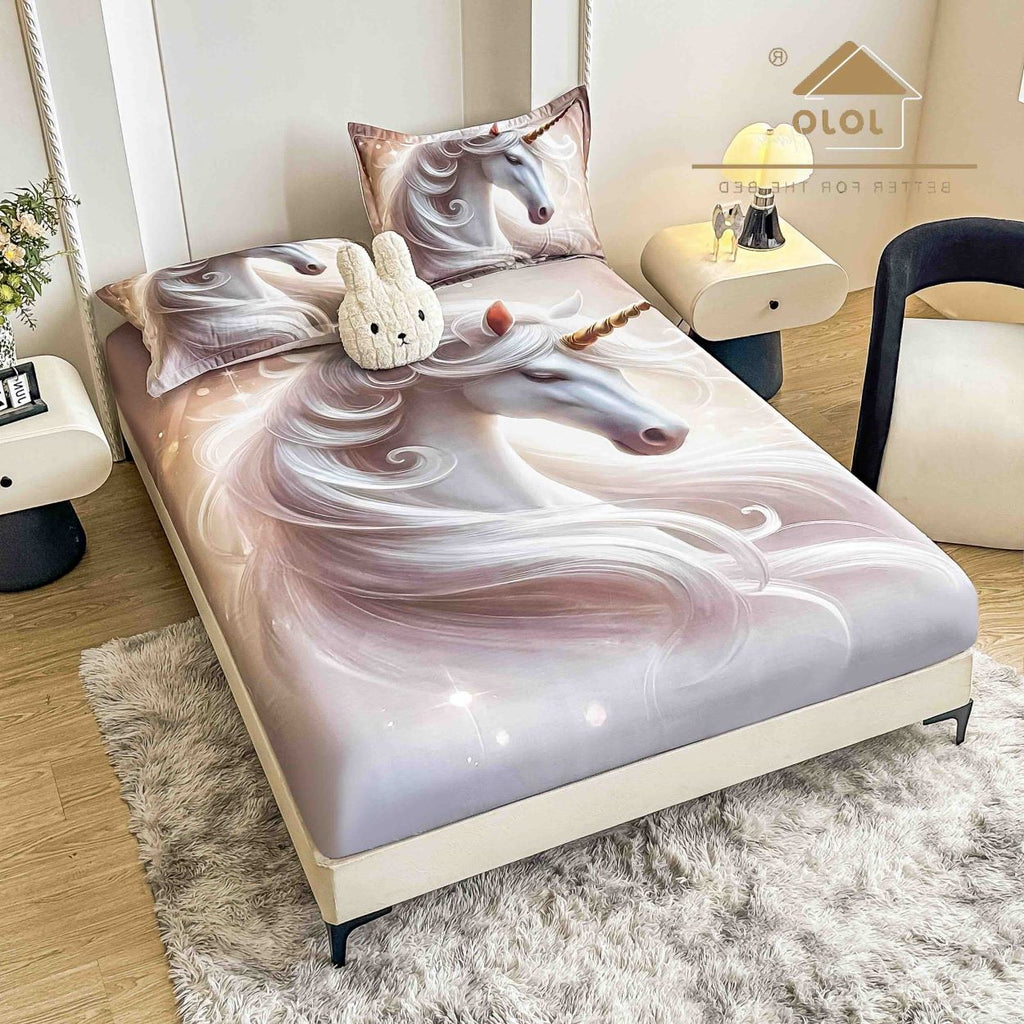 cearceaf cu elastic protectie finet digital print 3D 160x200 cm argintiu unicorni