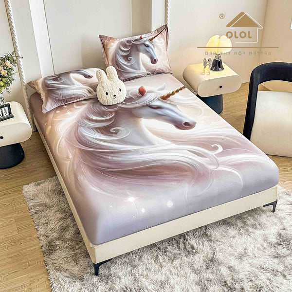 cearceaf cu elastic protectie finet digital print 3D 160x200 cm argintiu unicorni