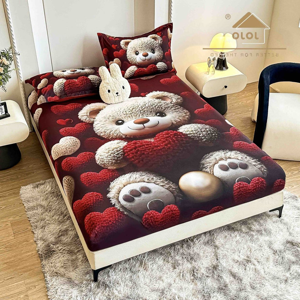 cearceaf cu elastic protectie finet digital print 3D 160x200 cm rosu inima ursulet