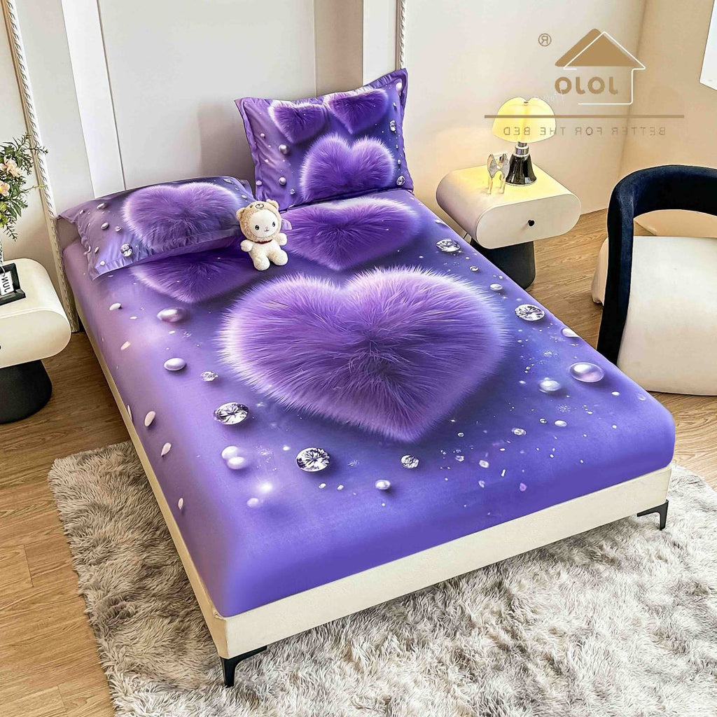 cearceaf cu elastic protectie finet digital print 3D 160x200 cm mov inima perle