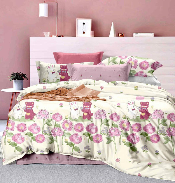 Lenjerii o Persoana Bumbac Finet Roz Crem Flori si Ursuleti LSJ116