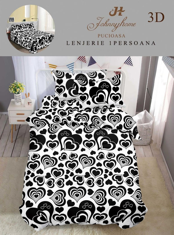 Lenjerii Single O Persoana Bumbac Satinat Alb Negru Inimioare 3D LSD28