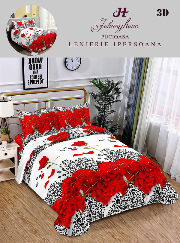 Lenjerii Single O Persoana Bumbac Satinat Albe Rosii Flori 3D LSD09