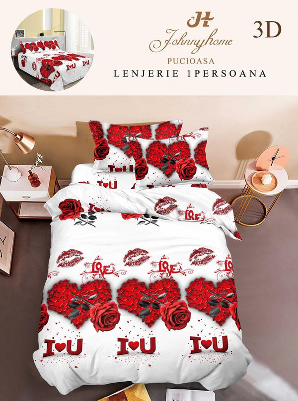 Lenjerii Single O Persoana Bumbac Satinat Albe Rosii Inimioare Flori 3D LSD16