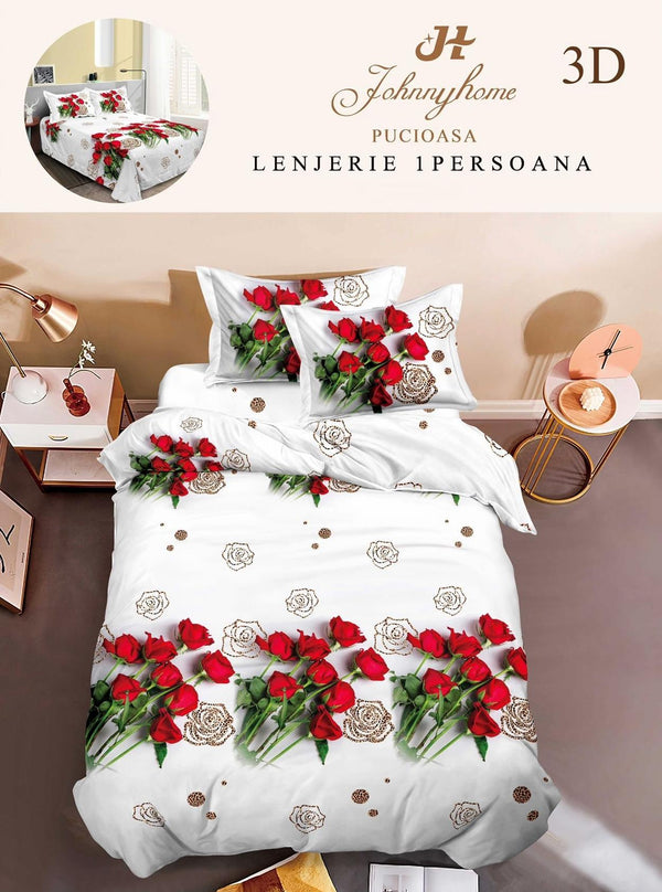 Lenjerii Single O Persoana Bumbac Satinat Albe Rosii Flori 3D LSD18