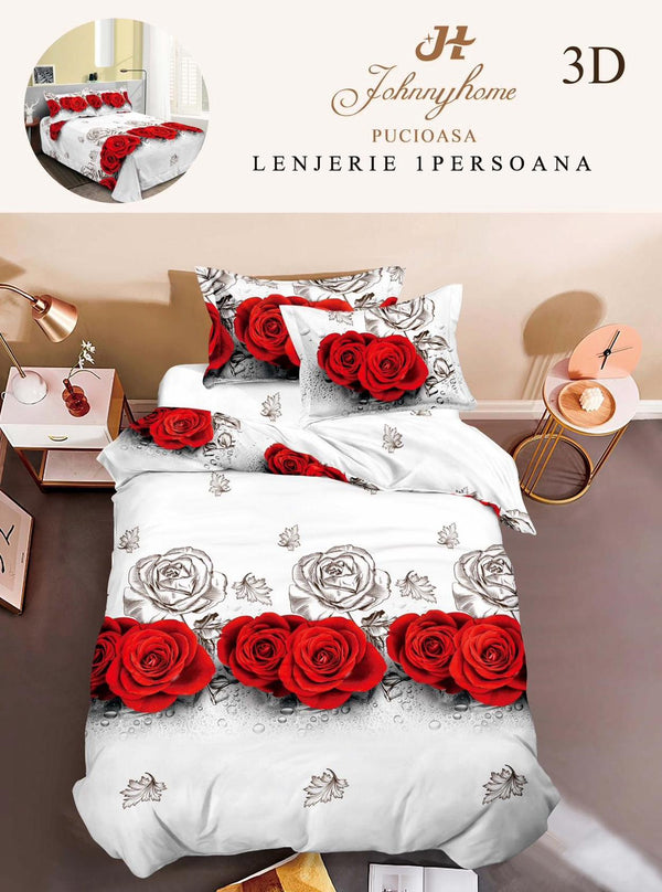 Lenjerii Single O Persoana Bumbac Satinat Albe Rosii Flori 3D LSD33