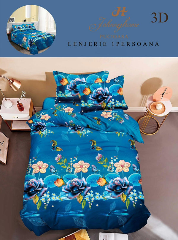 Lenjerii Single O Persoana Bumbac Satinat Albastre Floral 3D LSD21