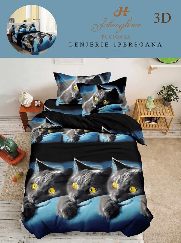 Lenjerii Single O Persoana Bumbac Satinat Albastre Pisica 3D LSD19