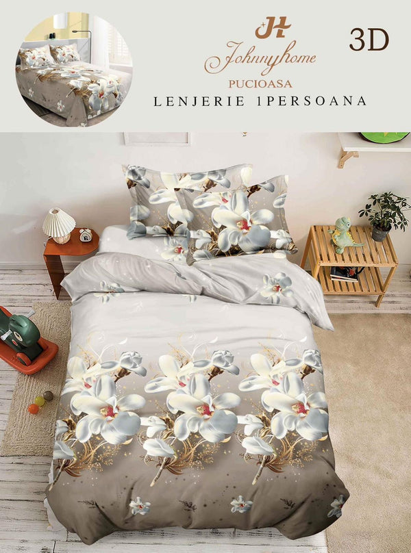 Lenjerii Single O Persoana Bumbac Satinat Bej Floral 3D LSD08