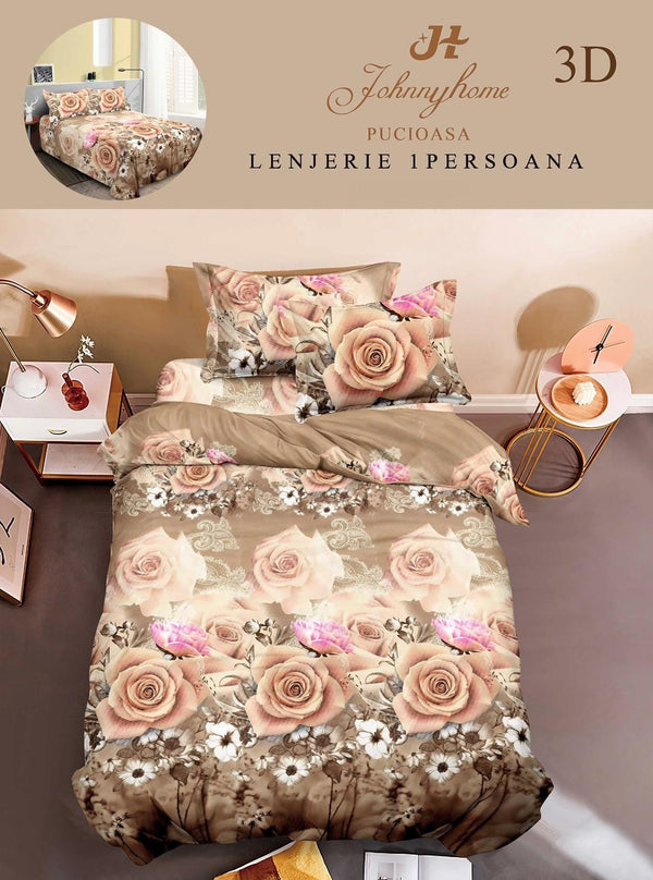 Lenjerii Single O Persoana Bumbac Satinat Bej Flori 3D LSD20