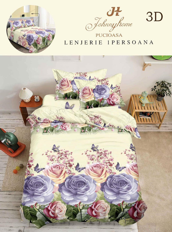 Lenjerii Single O Persoana Bumbac Satinat Crem Floral 3D LSD01