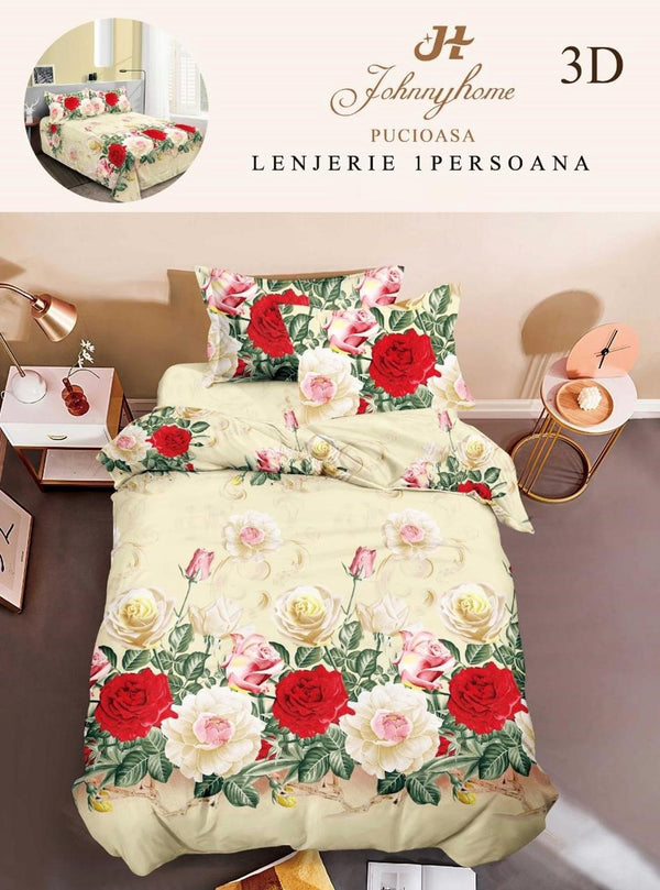 Lenjerii Single O Persoana Bumbac Satinat Crem Floral 3D LSD11