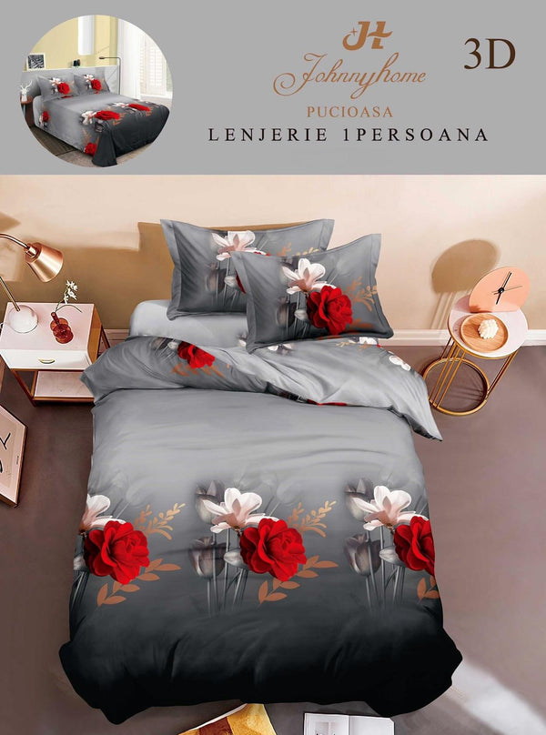 Lenjerii Single O Persoana Bumbac Satinat Gri Flori 3D LSD15