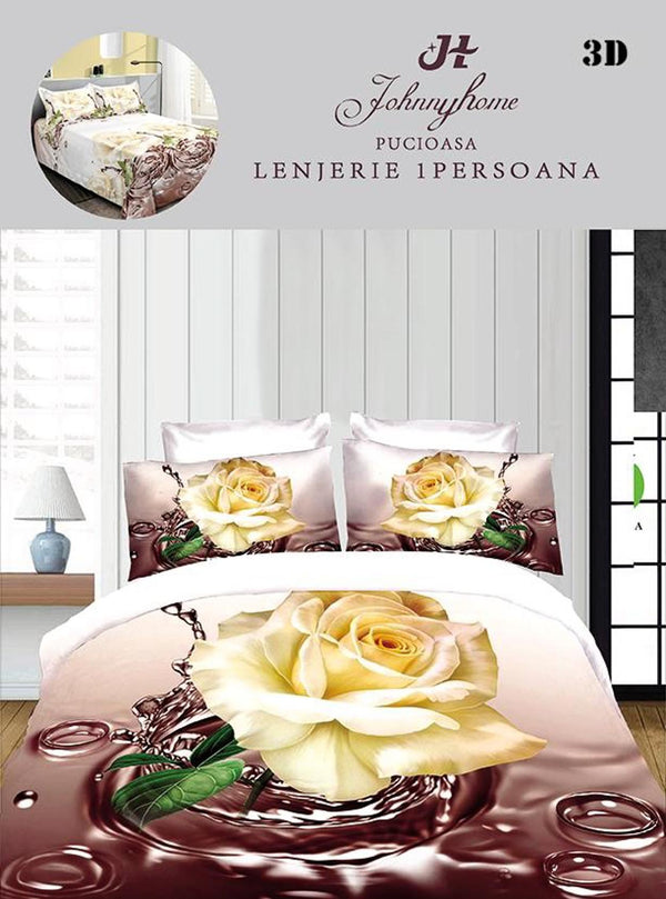 Lenjerii Single O Persoana Bumbac Satinat Crem Flori 3D LSD27