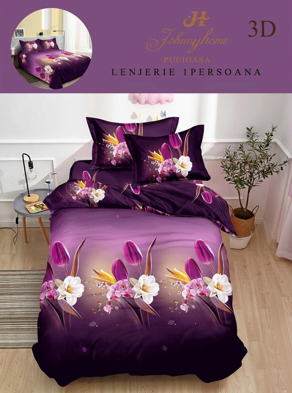 Lenjerii Single O Persoana Bumbac Satinat Mov Floral 3D LSD32