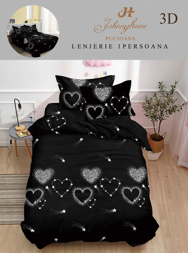 Lenjerii Single O Persoana Bumbac Satinat Negre Inimioare 3D LSD34