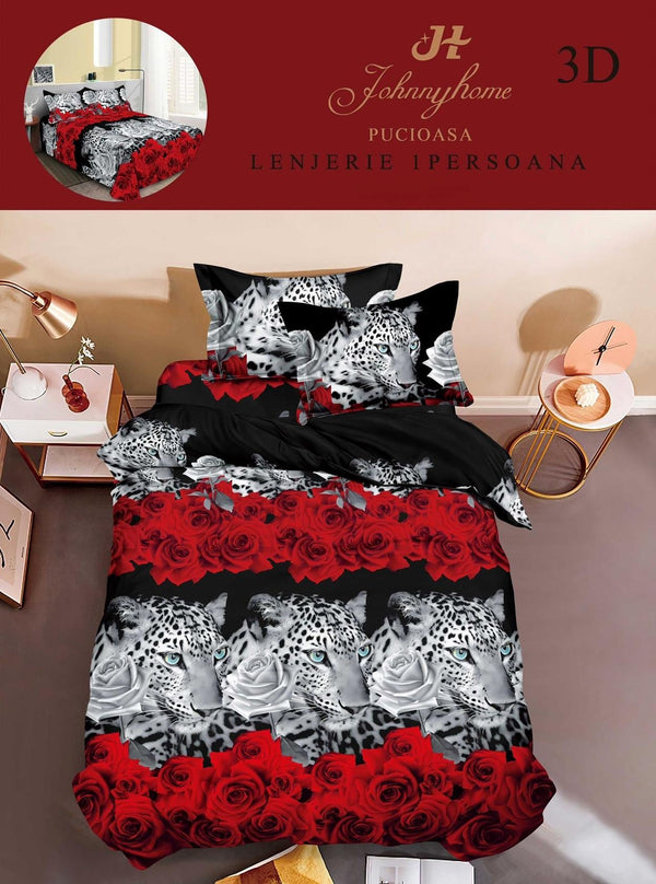 Lenjerii Single O Persoana Bumbac Satinat Rosii Negre Trandafiri 3D LSD23