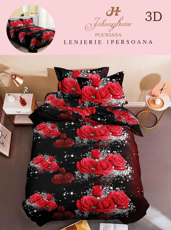 Lenjerii Single O Persoana Bumbac Satinat Negre Rosii Flori 3D LSD14