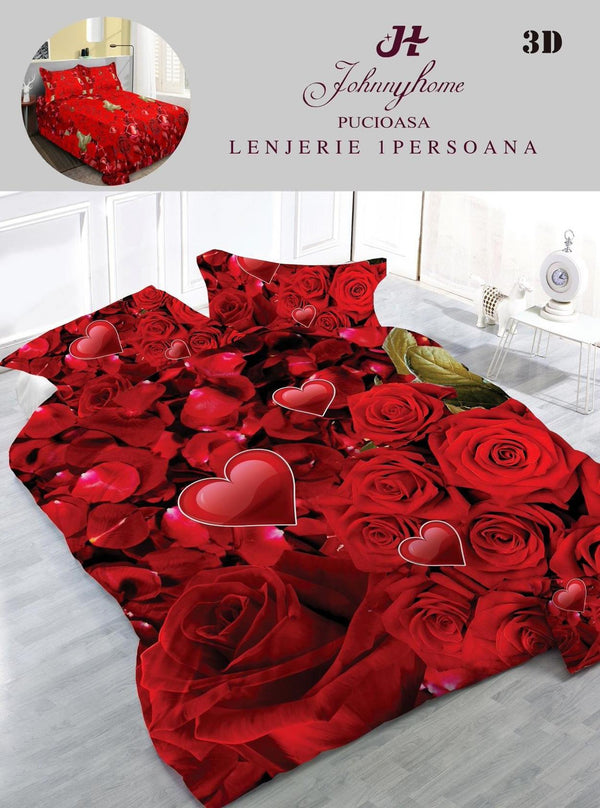 Lenjerii Single O Persoana Bumbac Satinat Rosii Inimioare 3D LSD12