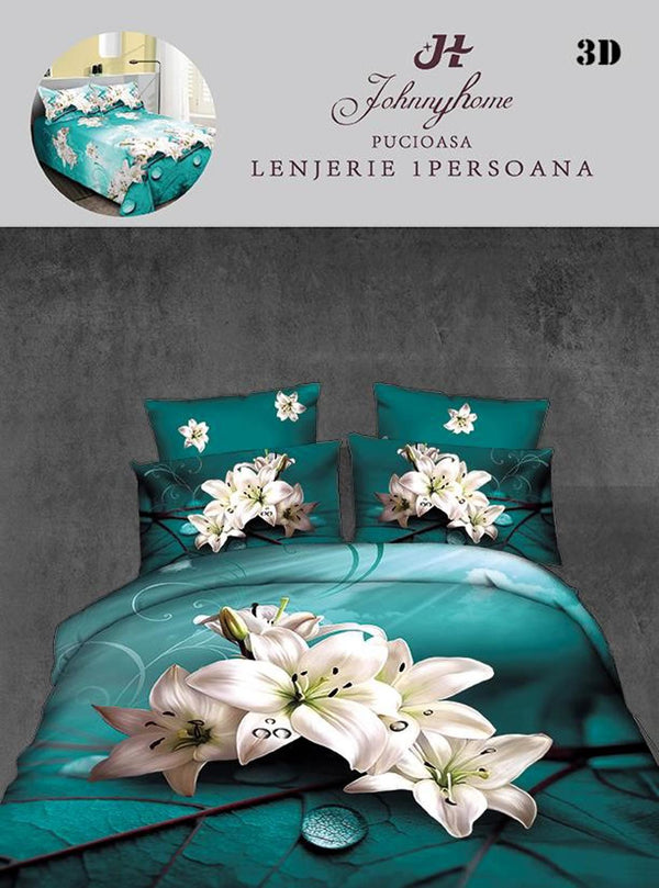 Lenjerii Single O Persoana Bumbac Satinat Turcoaz Floral 3D LSD26