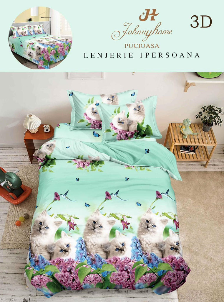 Lenjerii Single O Persoana Bumbac Satinat Verzi Pisica 3D LSD06