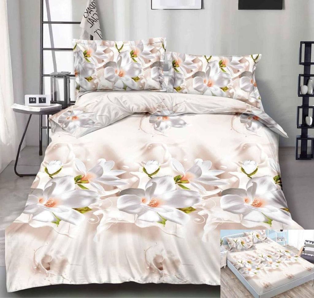 Lenjerii Bumbac Satinat Elastic Pucioasa Digital Print 3D Pat Dublu 4 Piese Alb Flori DE08