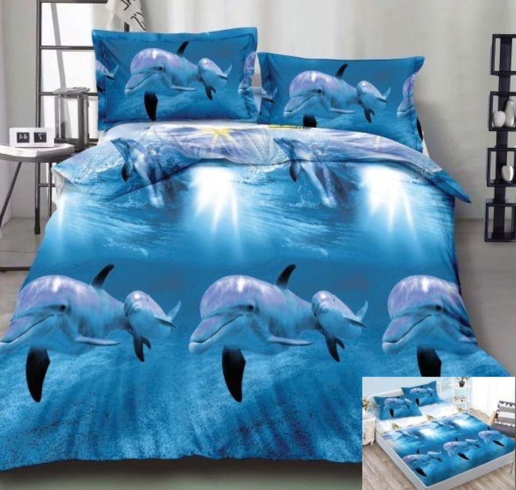 Lenjerii Bumbac Satinat Elastic Pucioasa Digital Print 3D Pat Dublu 4 Piese Albastru Delfini DE02