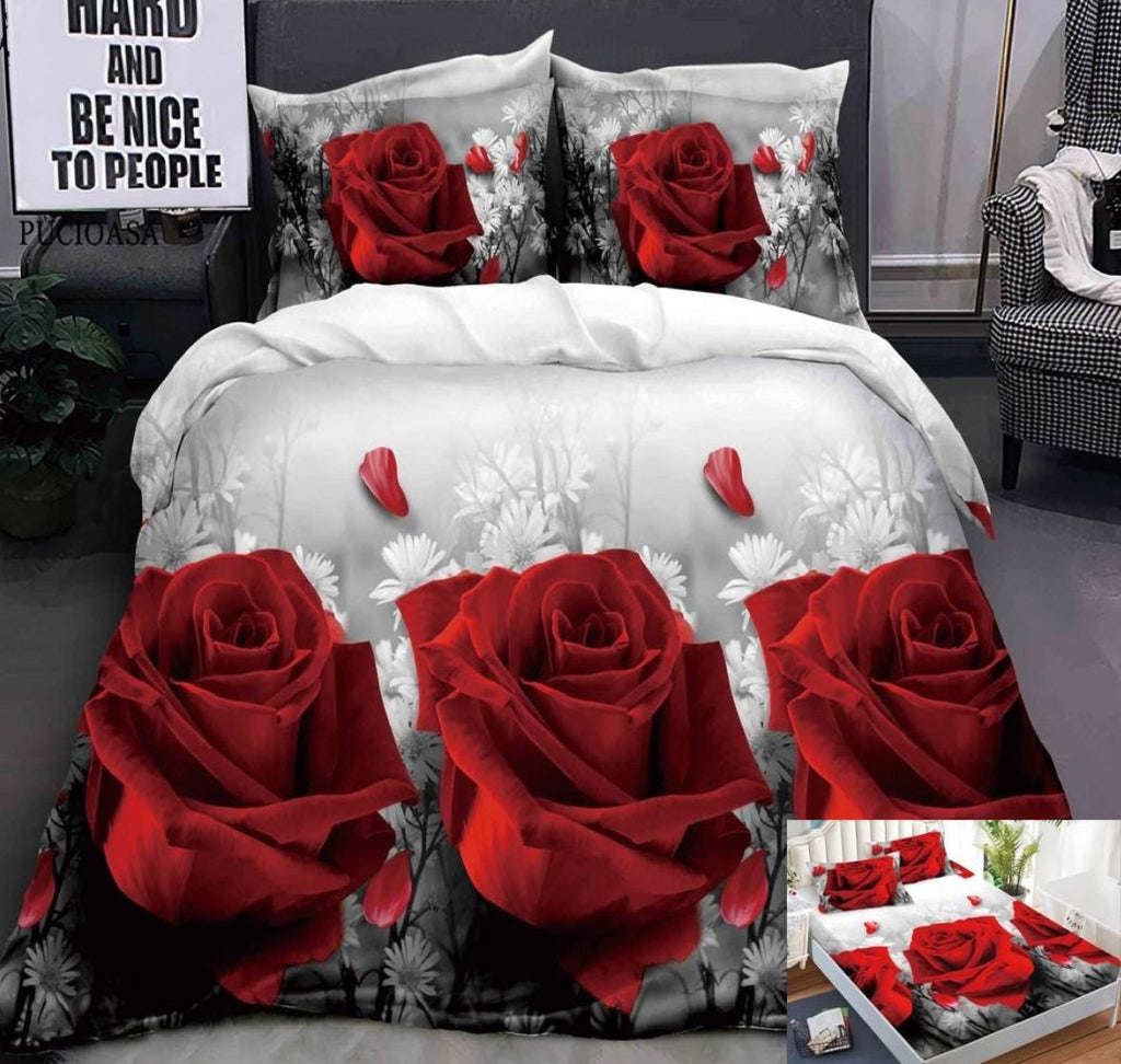 Lenjerii Bumbac Satinat Elastic Pucioasa Digital Print 3D Pat Dublu 4 Piese Gri Trandafiri DE06