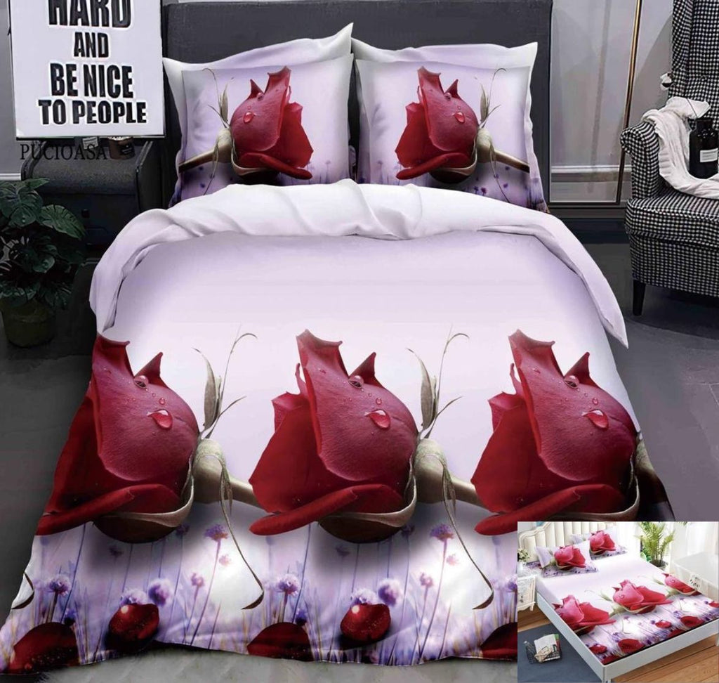 Lenjerii Bumbac Satinat Elastic Pucioasa Digital Print 3D Pat Dublu 4 Piese Lila Trandafiri DE10