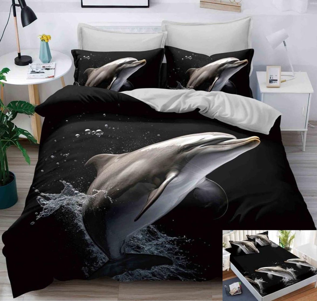 Lenjerii Bumbac Satinat Elastic Pucioasa Digital Print 3D Pat Dublu 4 Piese Negru Delfini DE01