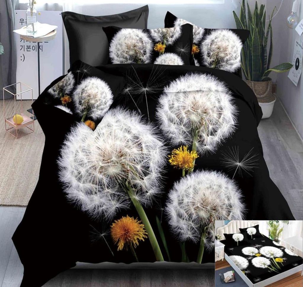 Lenjerii Bumbac Satinat Elastic Pucioasa Digital Print 3D Pat Dublu 4 Piese Negru Papadii DE03