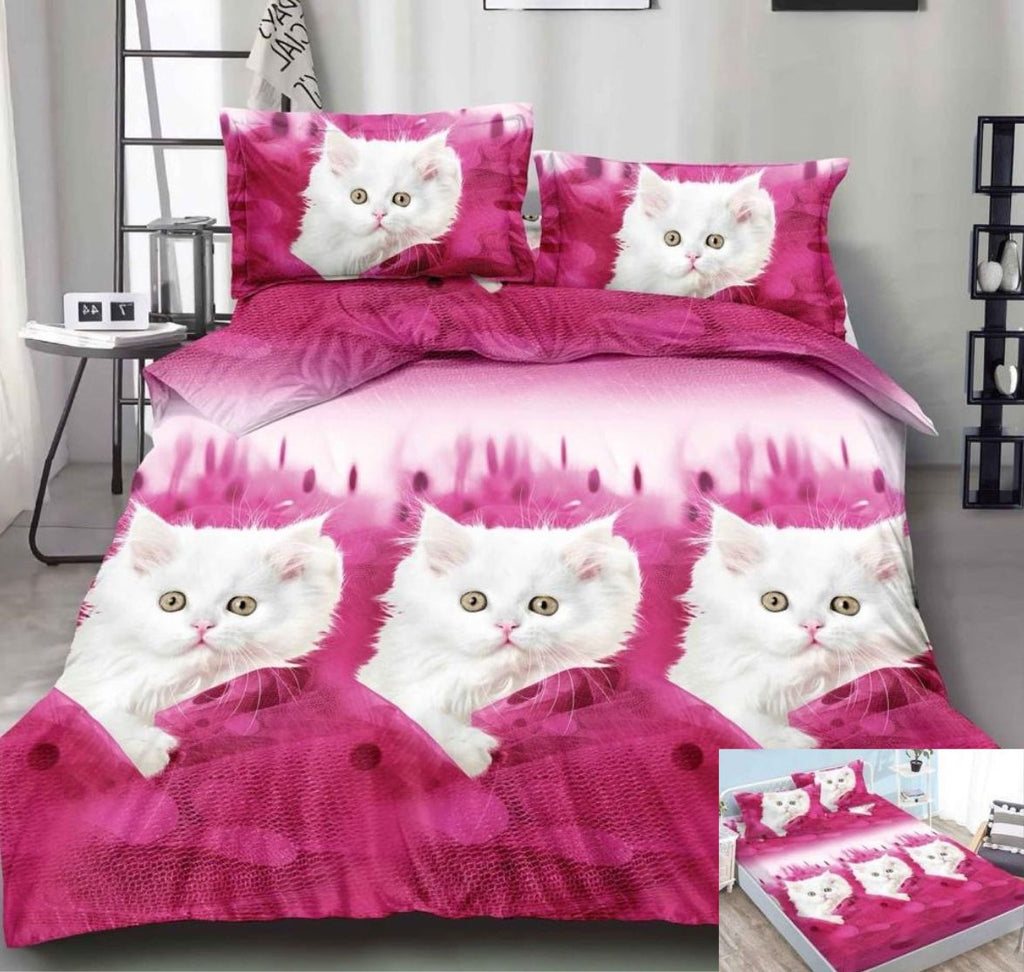 Lenjerii Bumbac Satinat Elastic Pucioasa Digital Print 3D Pat Dublu 4 Piese Roz Pisici DE07