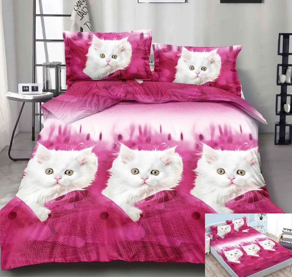 Lenjerii Bumbac Satinat Elastic Pucioasa Digital Print 3D Pat Dublu 4 Piese Roz Pisici DE07