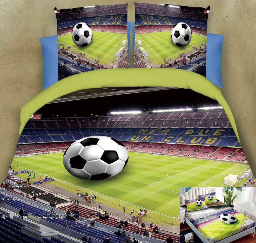 Lenjerii Bumbac Satinat Elastic Pucioasa Digital Print 3D Pat Dublu 4 Piese Verde Fotbal DE04