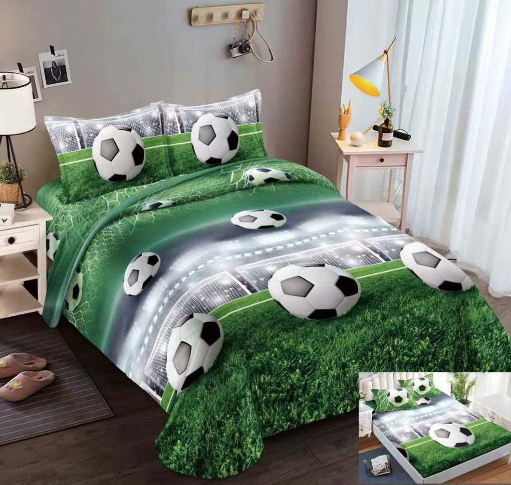 Lenjerii Bumbac Satinat Elastic Pucioasa Digital Print 3D Pat Dublu 4 Piese Verde Fotbal DE05