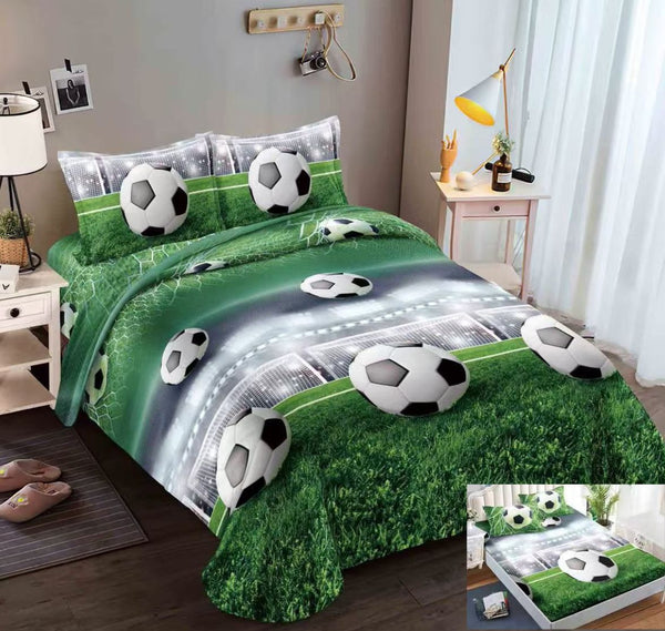 Lenjerii Bumbac Satinat Elastic Pucioasa Digital Print 3D Pat Dublu 4 Piese Verde Fotbal DE05