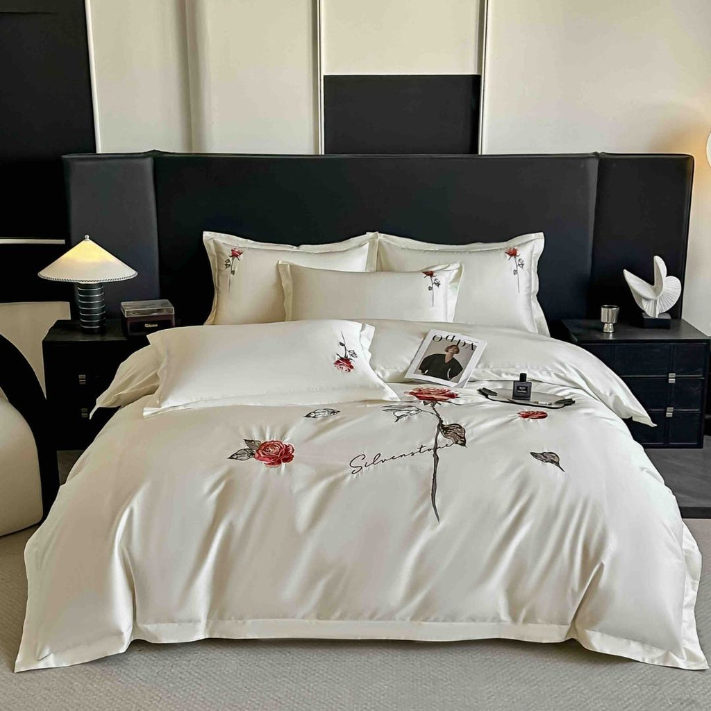 Lenjerii Brodate Bumbac Satin Premium Deluxe Pat Dublu Alb Flori BBS02