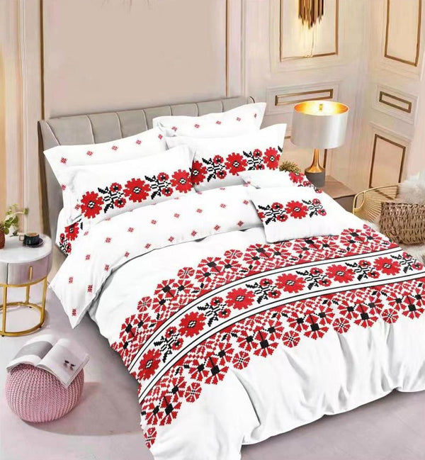 Lenjerii Finet Pucioasa Pat Dublu Albe Motive Etno Rosii BF472