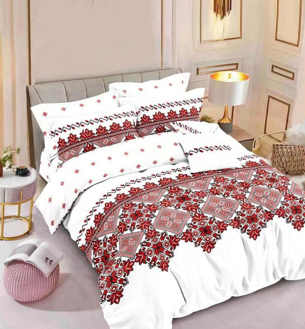 Lenjerii Finet Pucioasa Pat Dublu Albe Motive Etno Rosii BF473