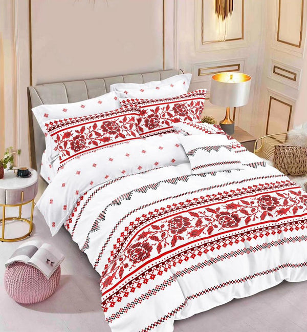 Lenjerii Finet Pucioasa Pat Dublu Albe Motive Etno Rosii BF474