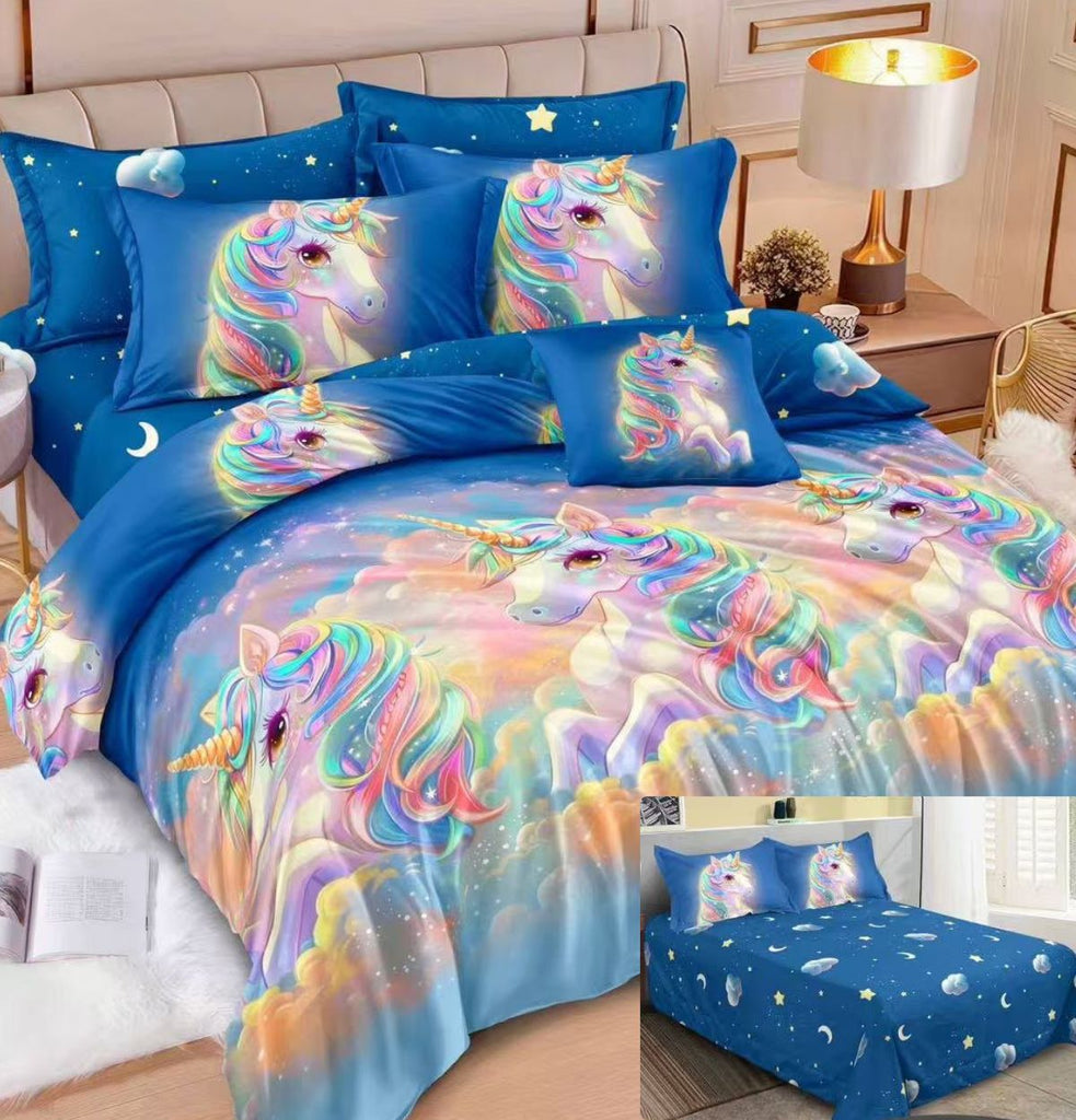 Lenjerii cu Elastic Finet Pucioasa Pat Dublu Albastru unicorn BF646