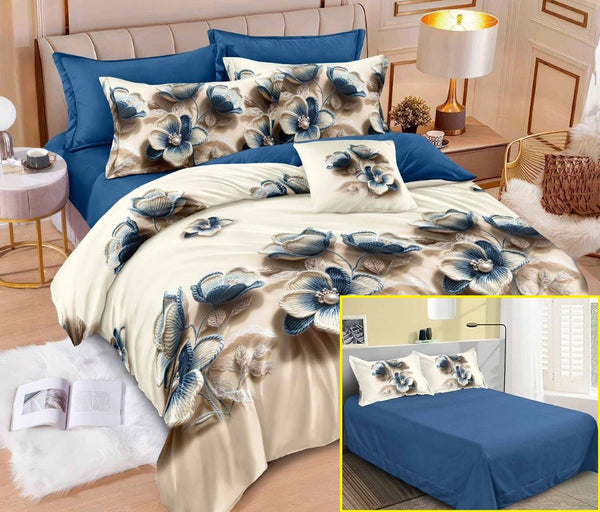 Lenjerii cu Elastic Finet Pucioasa Pat Dublu Albastru Floral BF637