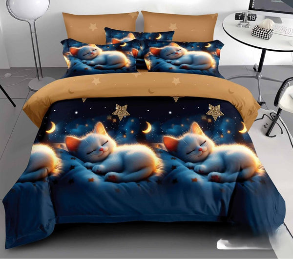 lenjerii  bumbac finet pucioasa pat dublu albastru maro stele pisica BF621