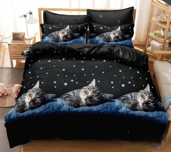 lenjerii bumbac finet pucioasa pat dublu negru albastru stelute pisica BF612
