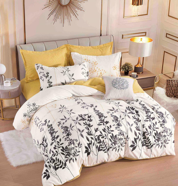 Lenjerii Bumbac Finet Satinat Pat Dublu Crem Galbene Frunze BFJ18