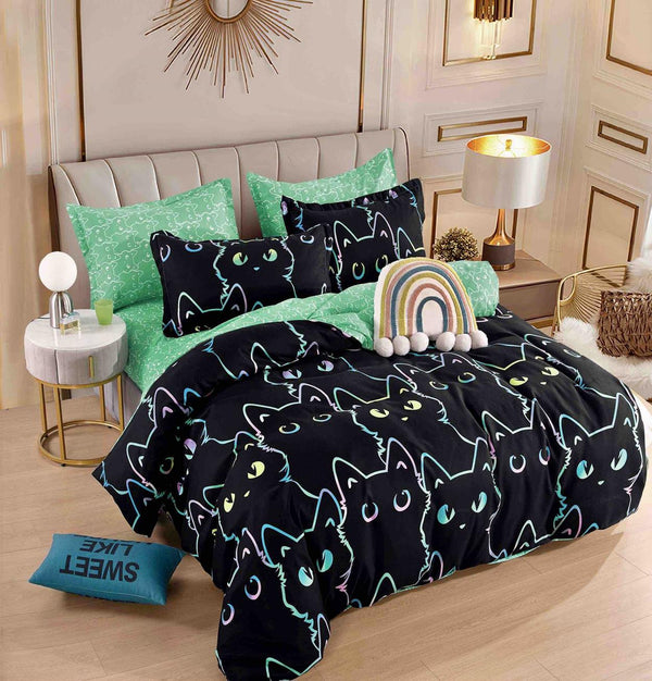 Lenjerii Bumbac Finet Satinat Pat Dublu Negru Pisici BFJ267